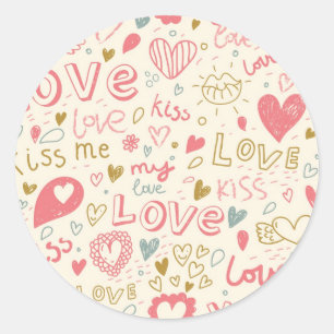 Sticker Rond Motif romantique avec Coeurs et Lèvres
