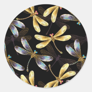 Sticker Rond Motif sans couture avec libellules d'or
