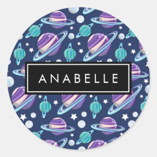 Sticker Rond Motif spatial, Planètes, Étoiles, Galaxie, Votre n