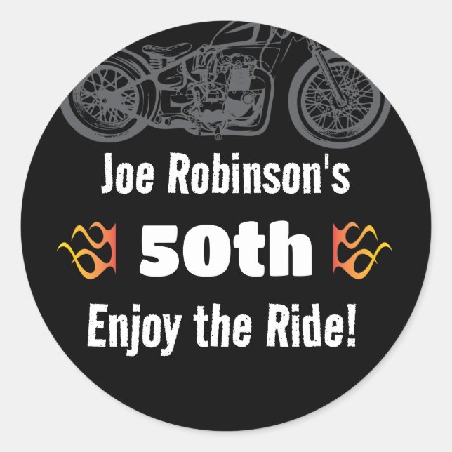 Sticker Rond Moto avec flammes 50ème ou tout anniversaire (Devant)