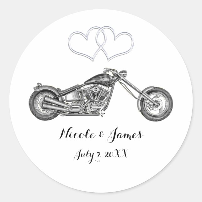 Sticker Rond Moto & Coeurs Argent Biker Mariage Favoriser (Devant)