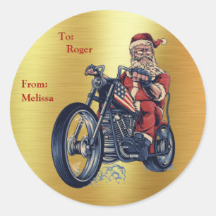 Sticker Rond Moto équitation Santa Claus sur Gold Foil