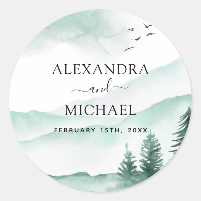 Sticker Rond Mountain Rustic Watercolor Mariage (Devant)