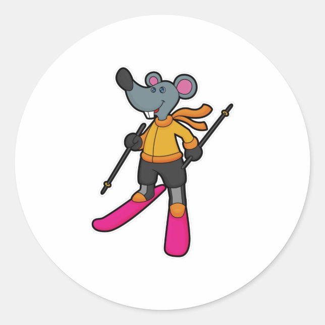 Sticker Rond Mouse as Skier with Ski (Devant)
