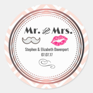 Sticker Rond Moustache & Lèvres M. & Mme Peach Chevron Mariage