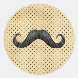 Sticker Rond Moustache Noire Drôle Sur Pois Jaunes Vintages