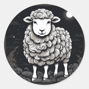 Sticker Rond Moutons Fluffants Noir Et Blanc