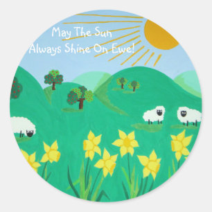 Sticker Rond moutons mignons aux arbres, collines, daffodiques 