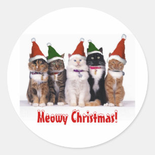 Sticker Rond "Mowy Christmas !" Chats En Casquette