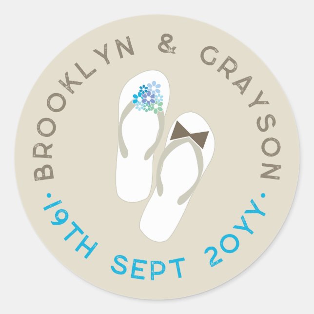 Sticker Rond Mr & Mrs Blue Flowers Flip Flops Plage Mariage (Devant)