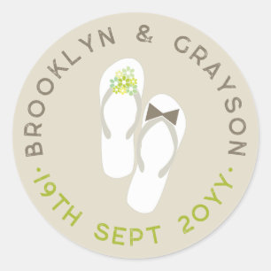 Sticker Rond Mr & Mrs Green Flowers Flip Flops Plage Mariage