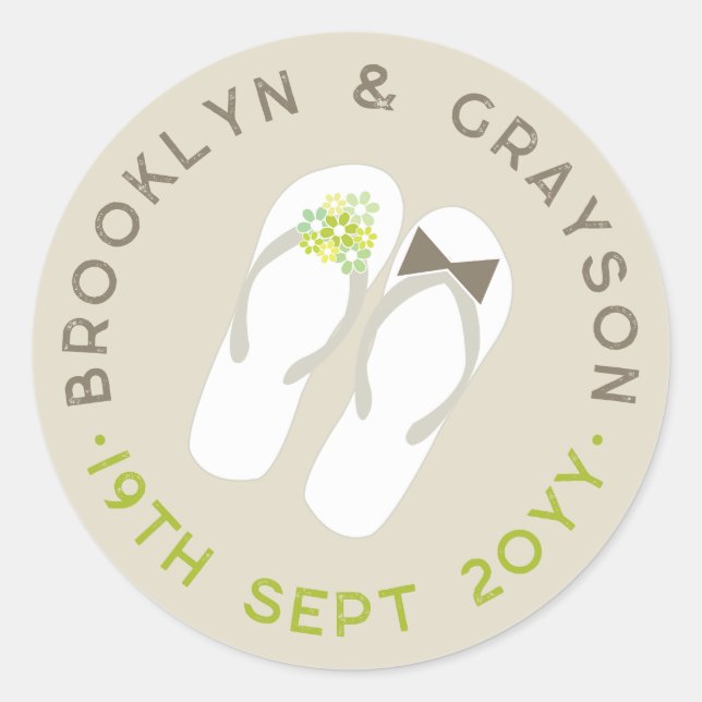 Sticker Rond Mr & Mrs Green Flowers Flip Flops Plage Mariage (Devant)