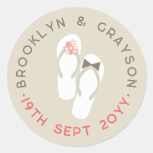 Sticker Rond Mr & Mrs Pink Flowers Flip Flops Plage Mariage