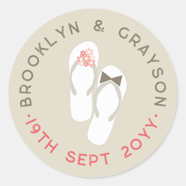 Sticker Rond Mr & Mrs Pink Flowers Flip Flops Plage Mariage (Devant)
