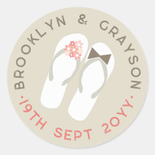 Sticker Rond Mr & Mrs Pink Flowers Flip Flops Plage Mariage