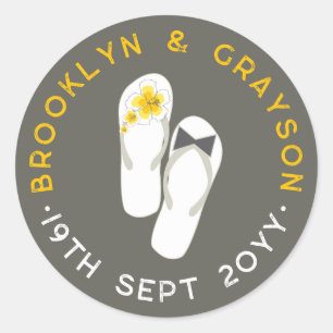 Sticker Rond Mr & Mrs Pink Hibiscus Flip Flops Plage Mariage