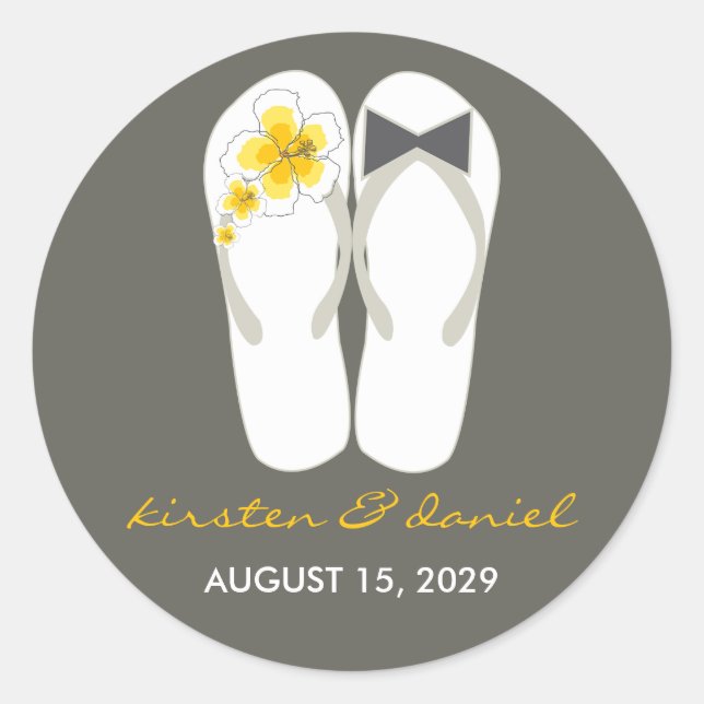 Sticker Rond Mr & Mrs Pink Hibiscus Flip Flops Plage Mariage (Devant)