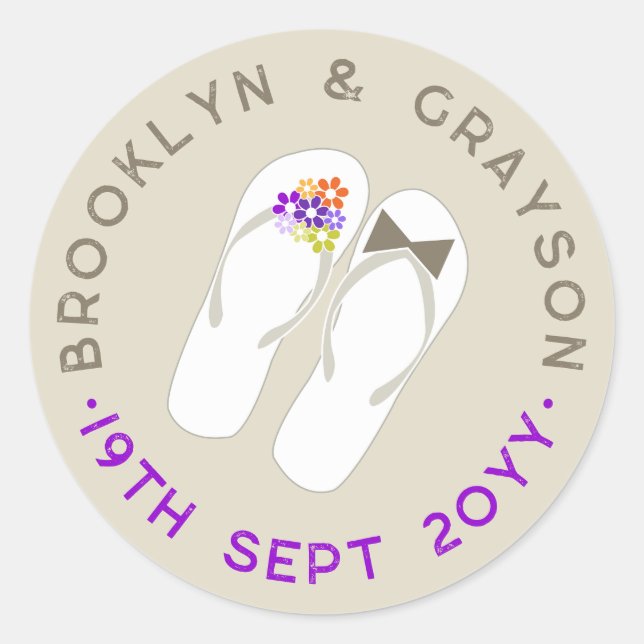 Sticker Rond Mr & Mrs Purple Flowers Flip Flops Plage Mariage (Devant)