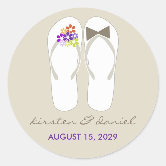 Sticker Rond Mr & Mrs Purple Flowers Flip Flops Plage Mariage (Devant)