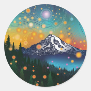 Sticker Rond Mt Rainier w Soirée Starry Sky et Fireflies