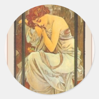Sticker Rond Mucha Art déco poster dame robe longue femme