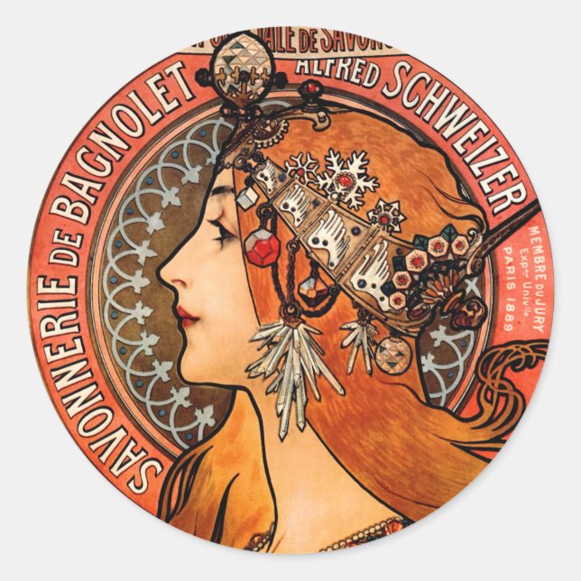 Sticker Rond Mucha Art Nouveau Bagnolet Lady (Devant)