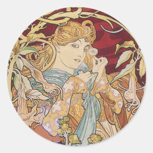 Sticker Rond Mucha Art Nouveau : Une Femme Daisée