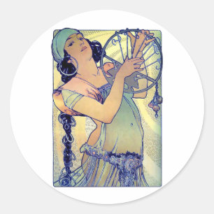 Sticker Rond mucha gypsy tambourin danse musique femme