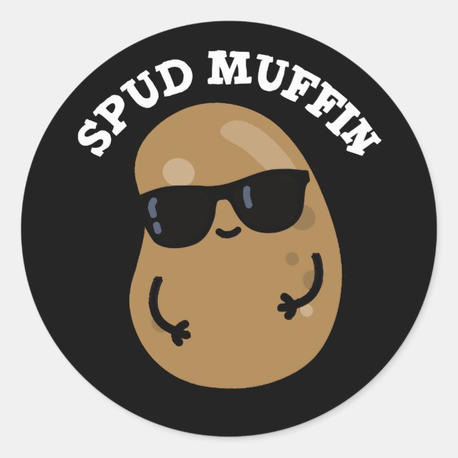 Sticker Rond Muffin Pud Funny Potato Pun Dark BG (Devant)