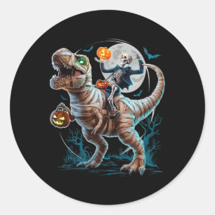Sticker Rond Mummy de citrouille à cheval sur un squelette T Re