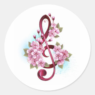 Sticker Rond Musical treble clef notes with sakura flowers