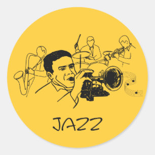 Sticker Rond Musicien JAZZ avec trompette et notes musicales