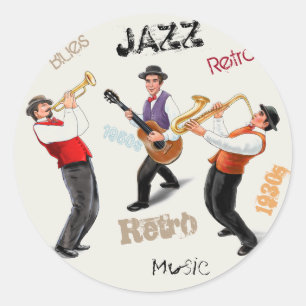 Sticker Rond Musiciens de jazz Musique rétro Illustration Vinta