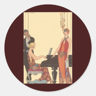 Sticker Rond Musique Vintage, Art Déco Pianiste Musicien Chante