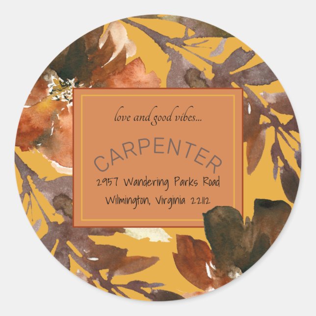 Sticker Rond Mustard Fall Foliage Love & Good Vibes (Devant)