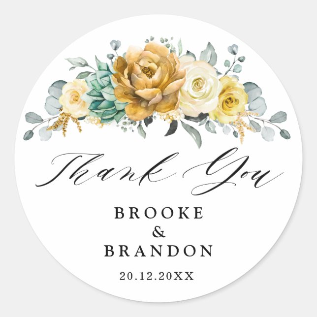 Sticker Rond Mustard Jaune Floral Moderne Merci Mariage (Devant)