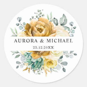 Sticker Rond Mustard Jaune Floral Sage Vert Mariage moderne