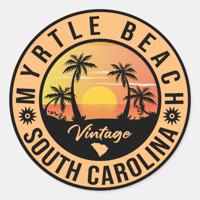 Sticker Rond Myrtle Beach South Carolina Retro Sunset Souvenir (Devant)