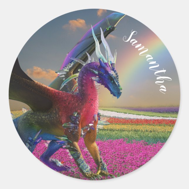 Sticker Rond Mystical Rainbow Dragon Crystal personnalisé (Devant)