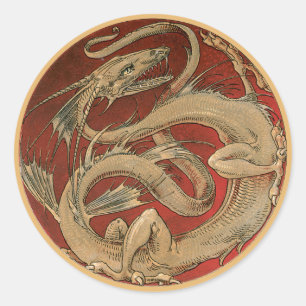 Sticker Rond Mythologie Vintage, Dragon Asiatique Doré Antique