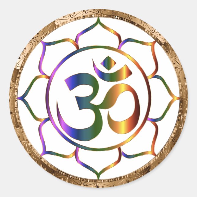 Sticker Rond Namaste Aum (Om) & Lotus avec bordure en bronze or (Devant)
