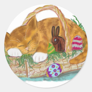 Sticker Rond Nap de chat dans un panier de Pâques