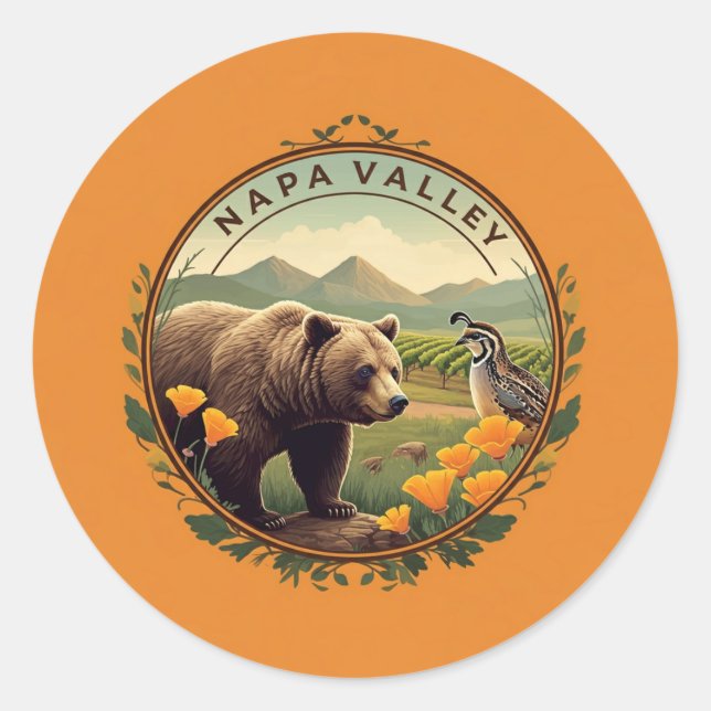 Sticker Rond Napa Valley California Poppy Quail Bear Orange (Devant)