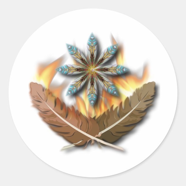 Sticker Rond natif plumes de faucon à queue rouge et flammes nu (Devant)