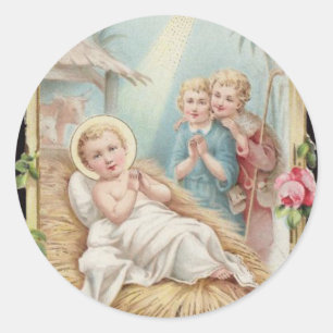 Sticker Rond Nativité Bébé Jésus Roses Enfants