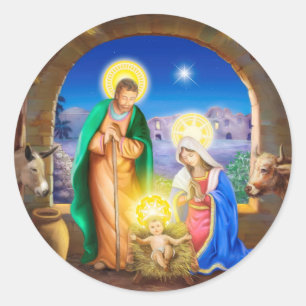 Sticker Rond Nativité de Jésus avec Josef et Mary, vaches,