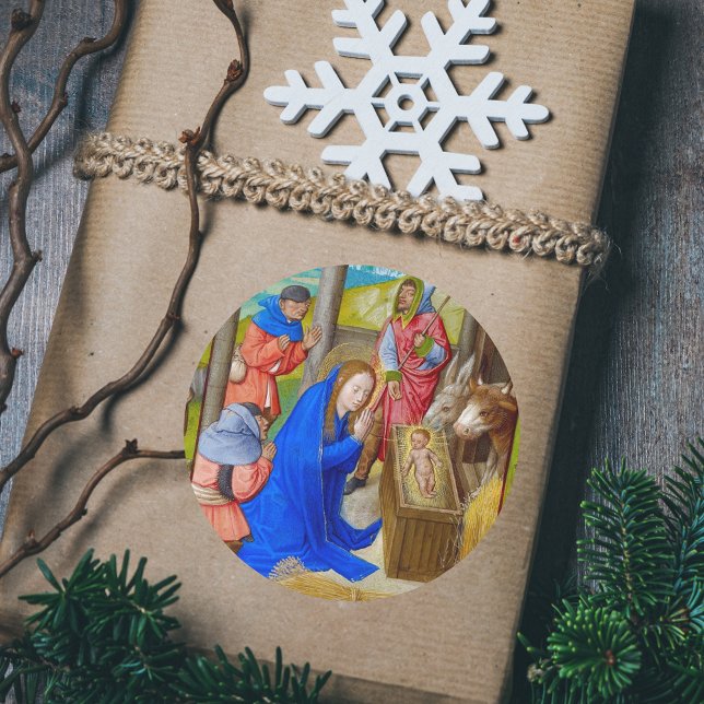 Sticker Rond Nativité de Noël chrétienne médiévale (Medieval Vintage Religious Christian Catholic Christmas Nativity Scene Classic Gift Sticker)