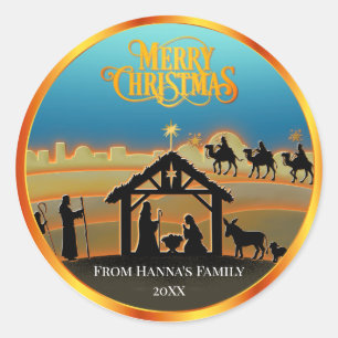 Sticker Rond Nativité en or personnalisée "Joyeux Noël"