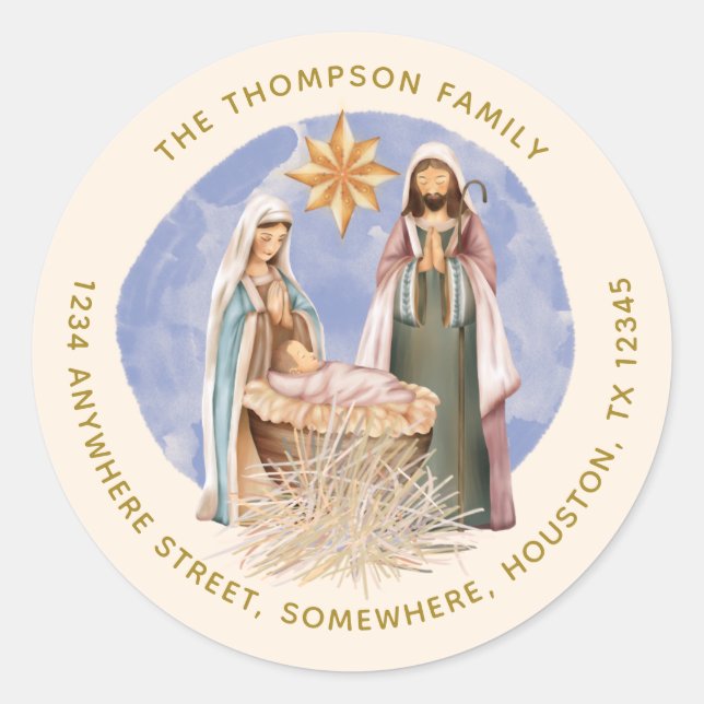 Sticker Rond Nativité Nom de retour Adresse Gold Text Creative (Devant)
