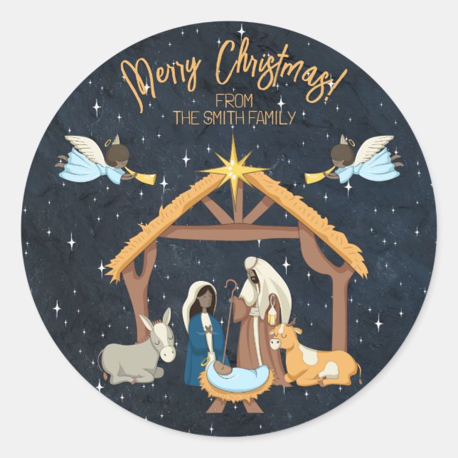 Sticker Rond Nativité Peau foncée Tone Noël (Devant)